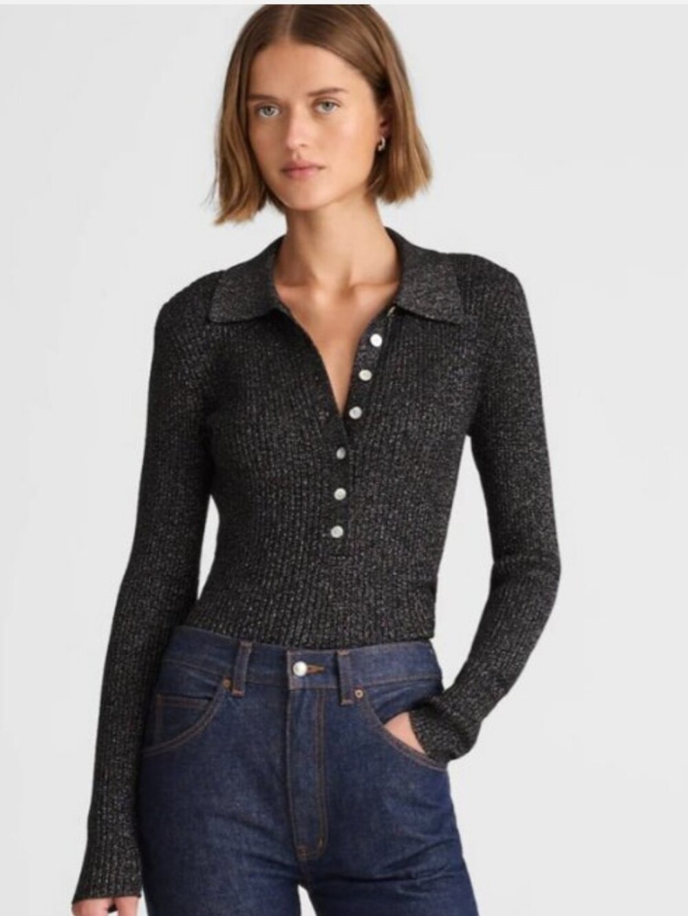 Alexa Chung X Madewell Black Metallic Polo-Style Ribbed Wool Blend Knit top